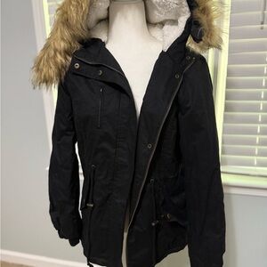 Women’s Black Parka with Removable Faux Fur Hood